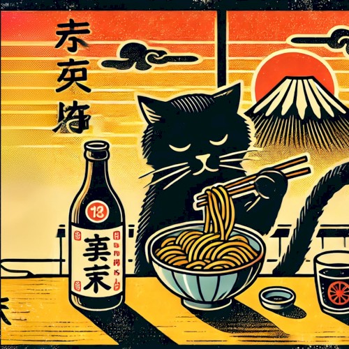 Black Cat Enjoying Noodles